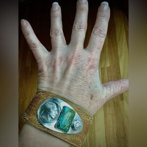 Leather/ turquoise cuff, up to 8” wrist